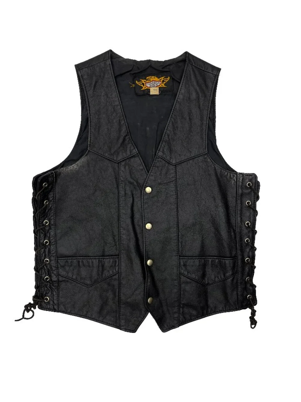 Universal Rider Black Leather Motorcycle Vintage Vest Laces Mens L